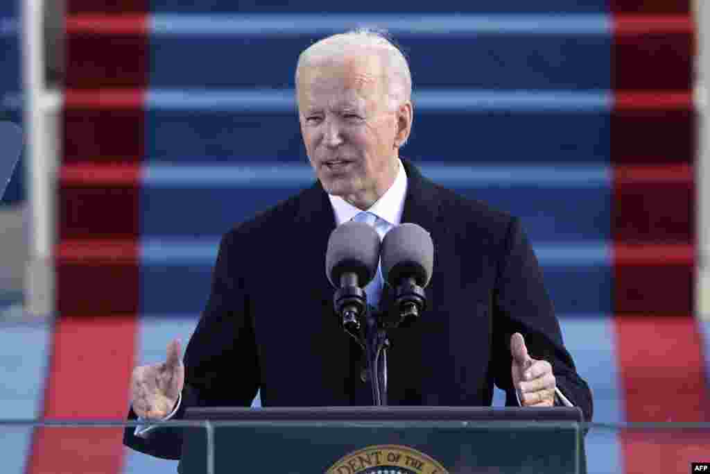 El presidente de los Estados Unidos, Joe Biden, pronuncia su discurso de toma de posesi&#243;n despu&#233;s de prestar juramento como el 46 &#176; presidente de los Estados Unidos. (Foto de Patrick Semansky / POOL / AFP)