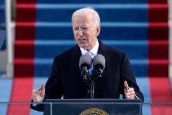 El presidente de los Estados Unidos, Joe Biden, pronuncia su discurso de toma de posesión después de prestar juramento como el 46 ° presidente de los Estados Unidos. (Foto de Patrick Semansky / POOL / AFP)