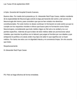 Texto de la carta de renuncia del Dr. Pupo Casas.