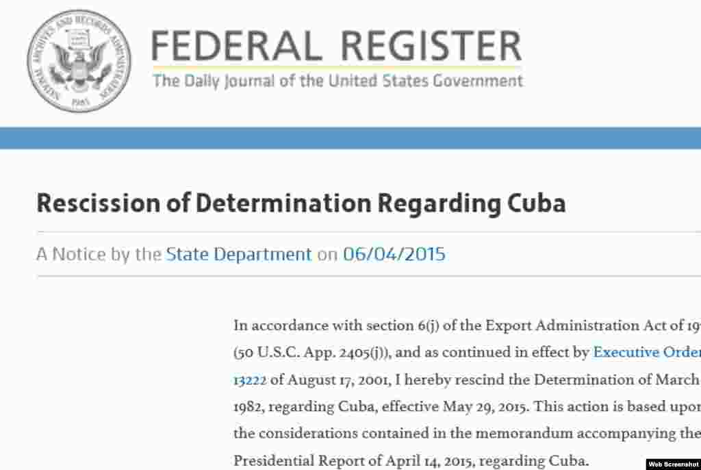 Estados Unidos sacó a Cuba de la lista de países patrocinadores de terrorismo. Publicación en el Registro Federal de EEUU de la salida de Cuba de la lista de Estados patrocinadores del terrorismo.