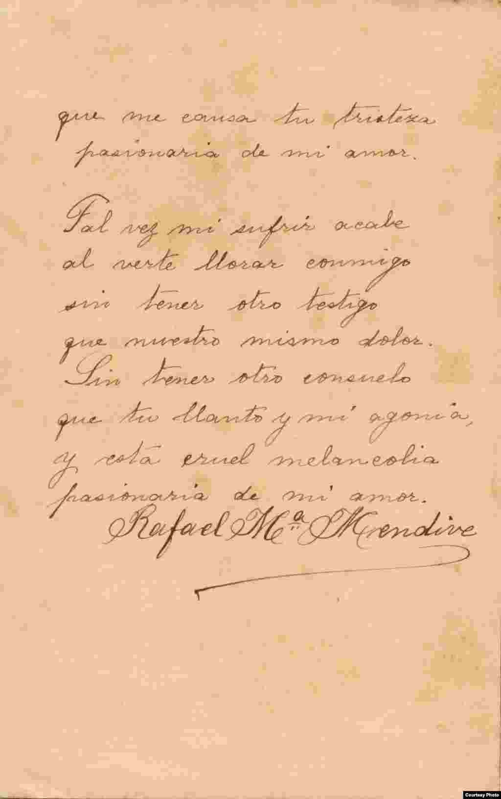 Manuscrito de poema de Mendive (segunda p&aacute;gina). Cortes&iacute;a de Orlando Gonz&aacute;lez Esteva