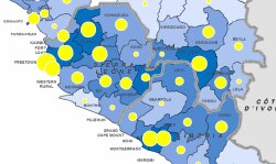 Mapa del ébola: los puntos en amarillo indican por orden de tamaño el número de nuevos contagios en los 21 días hasta el 2 de noviembre (OMS).