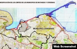 Municipio Cárdenas: en azul, la Península de Hicacos, donde se extiende la playa de Varadero.