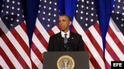 El presidente de Estados Unidos, Barack Obama, realiza una intervención en el Departamento de Justicia, en Washington, DC