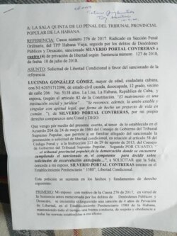 Solicitud de libertad condicional para Silverio Portal ante el Tribunal Provincial de la Habana.