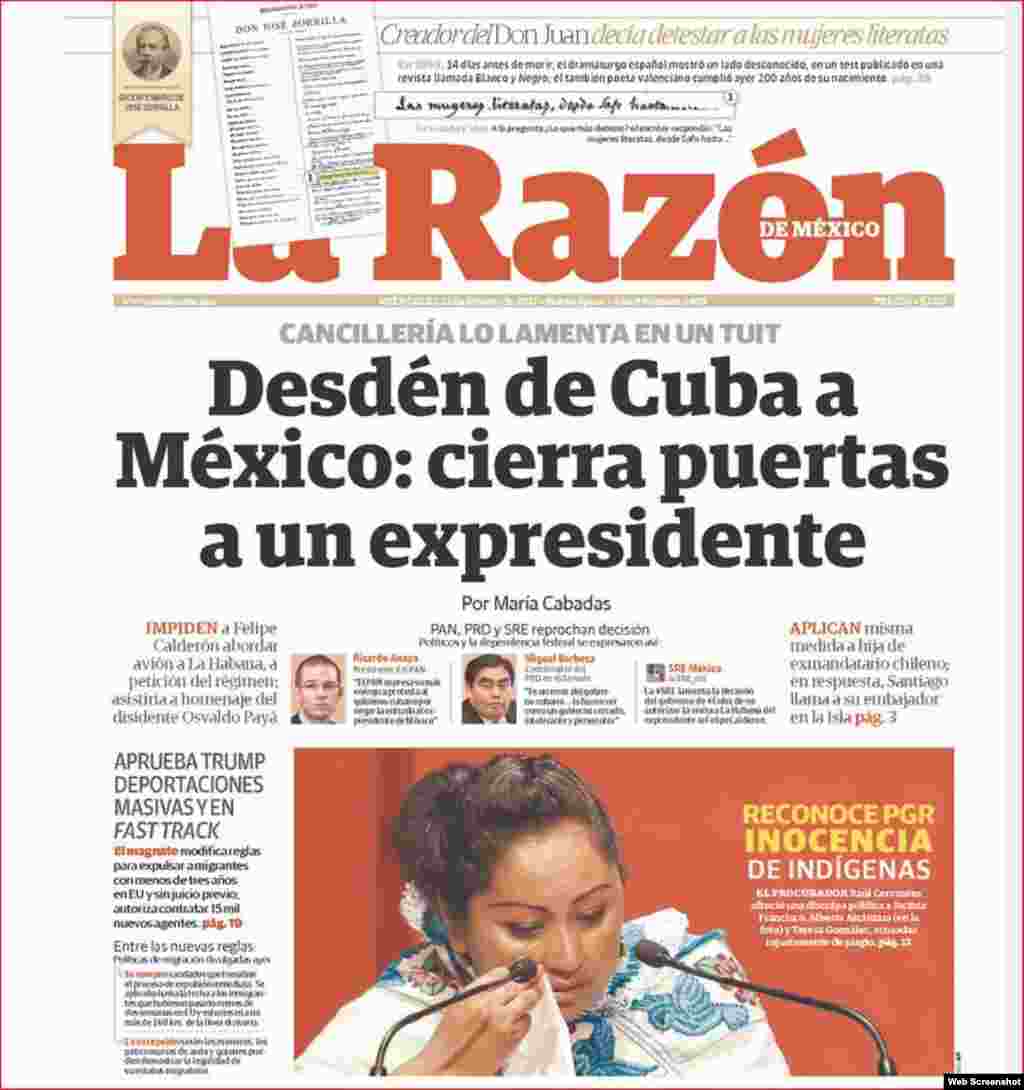 Diario La Razón titula: Desdén de Cuba a México: cierra puertas a un expresidente