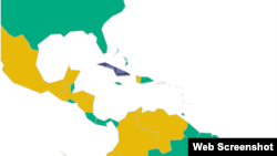 En códigos de colores Cuba destaca en azul (no libre) entre países libres (verde) y parcialmente libres (amarillo) en el mapa de la libertad 2015 de Freedom House.
