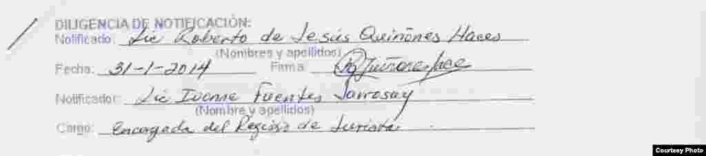 Notificación al abogado Roberto Quiñones