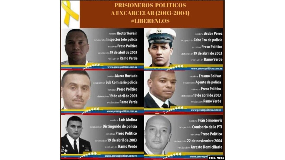 Seis miembros de la policía venezolana, incluido el Comisario Iván Simonovis, guardan prisión política desde 2003 y 2004.