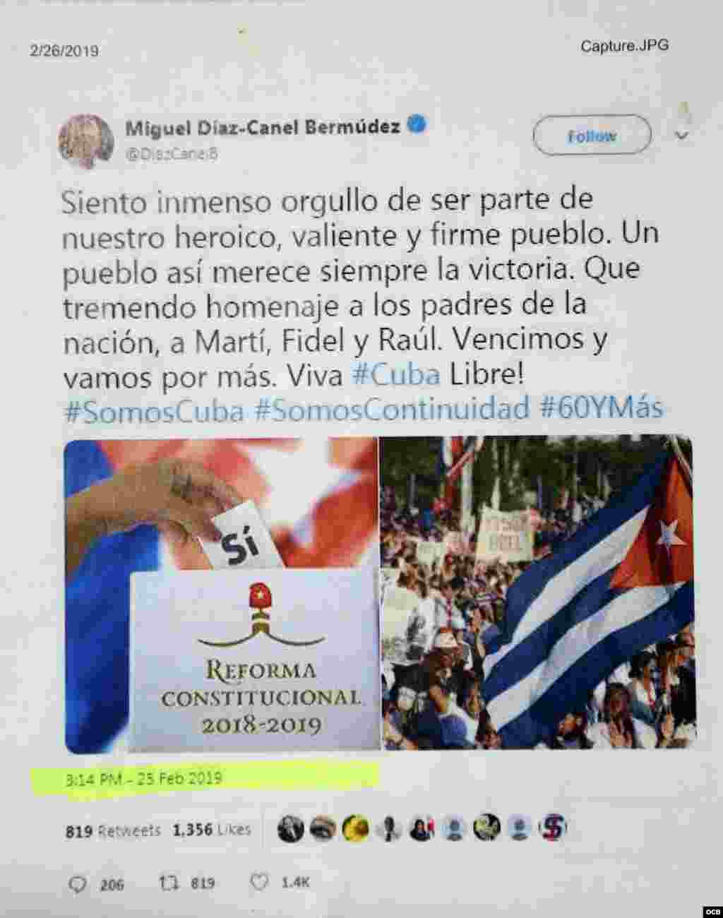 Secuencia # 1 de una foto publicada originalmente el 2 de enero del 2017. Opositores denunciaron que varios funcionarios del régimen cubano, entre ellos Miguel Díaz-Canel, han usado la imagen para mostrar que la del 24 de febrero fue una votación multitudinaria.