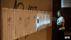 Una mujer permanece en un centro de votación hoy, domingo 14 de abril de 2013, en Caracas (Venezuela), luego de que el Consejo Nacional Electoral (CNE) oficializó el cierre de los colegios utilizados en los comicios presidenciales que tuvieron lugar en Ve