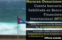 Anuncio de cuenta bancaria para recibir donaciones en didvisas publicado en el sitio cubaminrex.cu