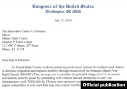 La carta enviada por los senadores Marco Rubio y Rick Scott, y el congresista Mario Díaz-Balart al alcalde del Condado de Miami-Dade, Carlos Giménez.