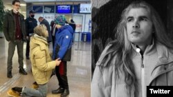 Roberto Casanueva se despide de su hijo en el aeropuerto de Minsk, tras la orden de deportación (derecha). A la izquierda, en una foto de archivo. 