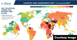 Mapa de riesgo elaborado por COFACE, Cuba aparece en color marrón, indicado riesgo extremo. Imagen tomada de COFACE.