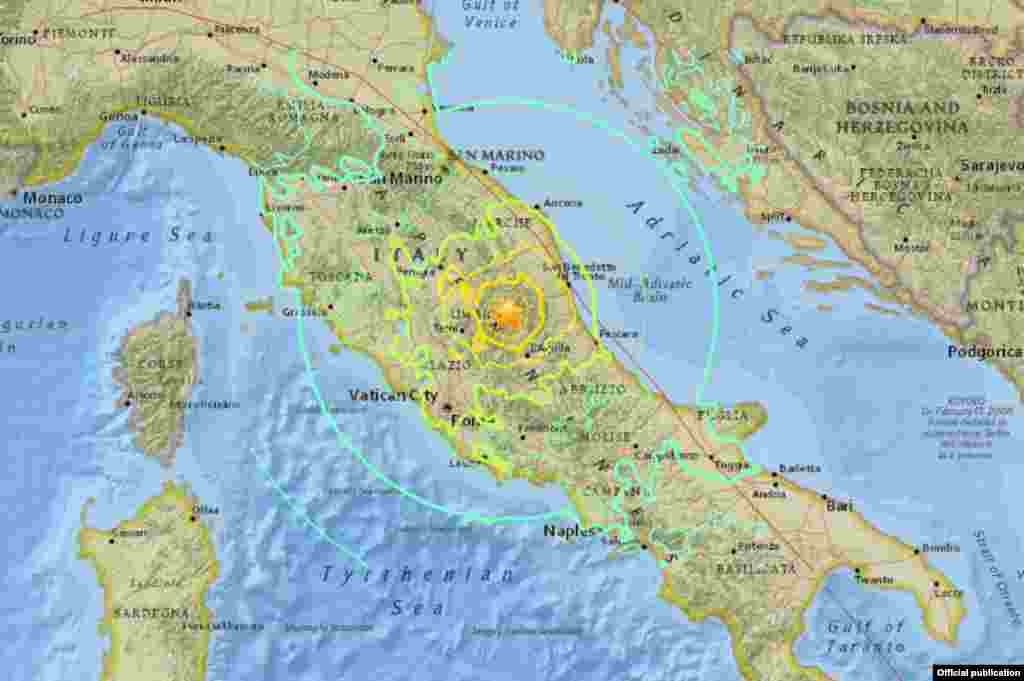 El epicentro del terremoto de 6,2 grados que azotó el centro de Italia fue localizado cerca de Accumoli a solo 4 kilómetros de profundidad.