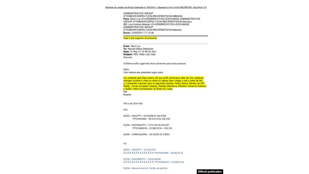 Documento: Página de la pericia policiaca 438/2015 sobre comunicaciones entre ejecutivos de Odebrecht. Ricardo Boleira, exdirector de COI/Odebrecht recomienda regalos a dirigentes cubanos.