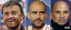 De izquierda a derecha, los españoles Luis Enrique (Barcelona) y Pep Guardiola (Bayern Múnich), y el argentino Jorge Sampaoli (selección de Chile).
