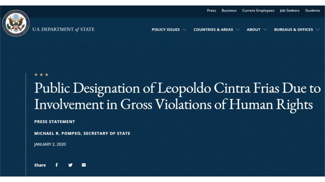 La página del Departamento de Estado con el comunicado oficial del Secretario Mike Pompeo.