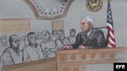 Vista del dibujo que recrea al juez George O'Toole (d) y a los miembros del jurado.