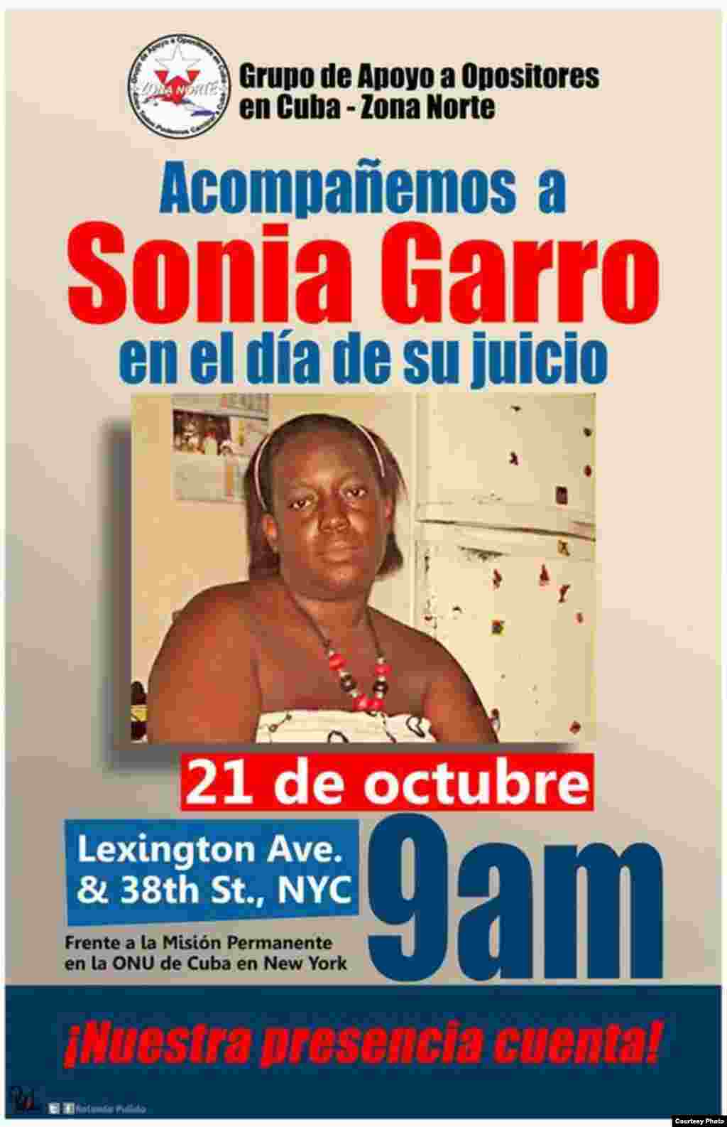 Cartel promocional del evento " Acompañemos a Sonia Garro en el día de su juicio", convocado para la mañana del 21 de octubre.