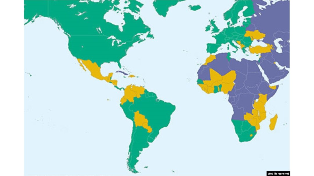 Mapa de la libertad 2016 de Freedom House . Cuba en el azul de los países no libres, el único en Las Américas.