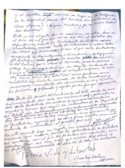 Carta de Yuri Valle desde prisión.