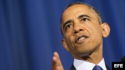 El presidente estadounidense Barack Obama durante su discurso en la Universidad de Defensa Nacional, a las afueras de Washington, Estados Unidos hoy 23 de mayo de 2013