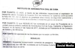 Copia de la resolución del presidente del IACC ordenando cesar la explotación de los aviones An-158 de Cubana