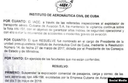 Aeron utica Civil ordena suspender aviones de Cubana por riesgo de