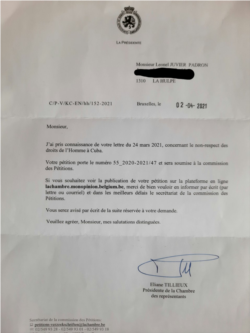Acuse de recibo y aceptación enviado por Parlamento belga a carta entregada por los cubanos residentes en Bélgica