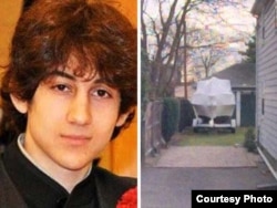 El bote en el patio de una casa de la calle Franklin, donde se escondió, presumiblemente herido, Dyojar Tsarnaev
