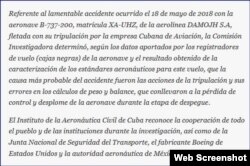 Comunicado del Instituto de Aeronáutica Civil de Cuba publicado por el sitio oficial Cubadebate.