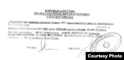 Citación policial al pastor Alejandro Hernández, por el oficial "Amaury".