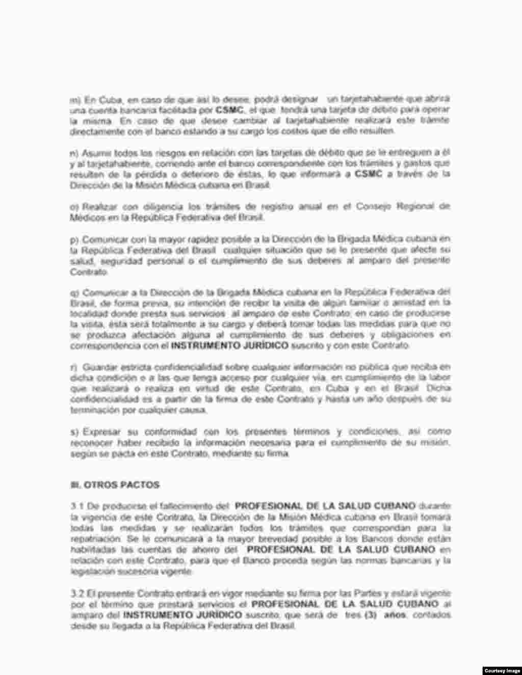 Copia de contrato de médica cubana en Brasil, cuarta página.