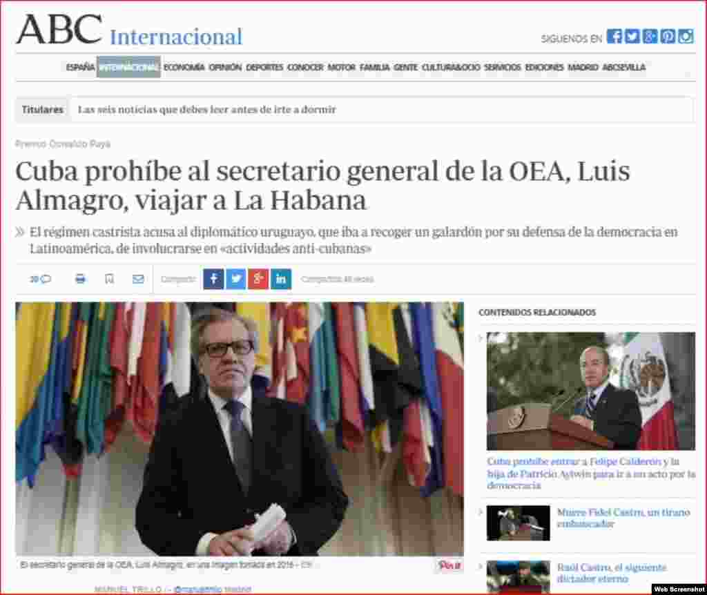 Artículo en ABC.es destaca prohibición de ingreso a Cuba al secretario general de la OEA, Luis Almagro.