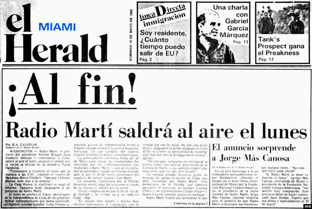 Radio Martí saldrá al aire el lunes. El Herald Miami. Mayo 19, 1985