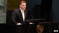El ministro de exteriores de Canadá, John Baird, ante la Asamblea General de Naciones Unidas en Nueva York (EEUU).