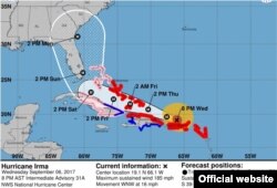 Pronóstico de trayectoria del huracán Irma, a las 8pm del miércoles. (NHC)