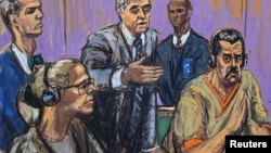 Nicolás Maduro, junto a su esposa Cilia Flores, el abogado de Flores —Mark Donnelly— y el abogado de Maduro —Barry Pollack—, en la audiencia en el Tribunal Federal Daniel Patrick Moynihan de la ciudad de Nueva York, el 26 de marzo de 2026. REUTERS/Jane Rosenberg 