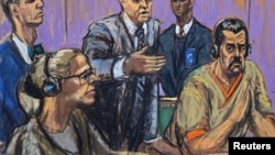 Nicolás Maduro —junto a su esposa, Cilia Flores, y los abogados de ambos, Mark Donnelly y Barry Pollack—en un dibujo de la sala del tribunal Daniel Patrick Moynihan de Nueva York, realizado el 26 de marzo de 2026. REUTERS/Jane Rosenberg