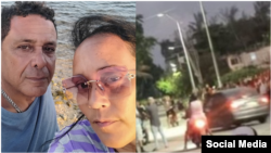 Yunia Figueredo y Frank Correa junto a imágenes de las protestas de Jaimanitas por los prolongados apagones.