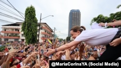 María Corina Machado en un acto público en Ciudad Panamá, este sábado 23 de mayo de 2026. 