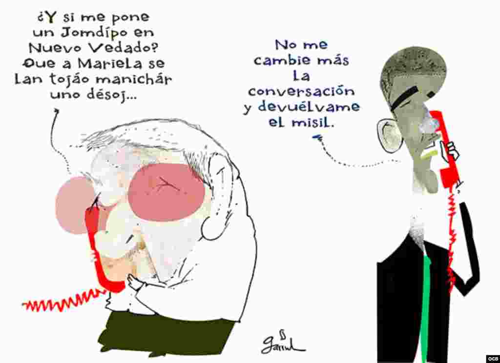 Garrincha's cartoon about misil in Cuba Obama and Raul Castro