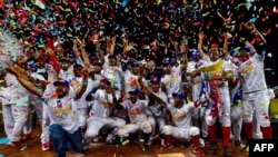 Jugadores de los Toros de Herrera celebran la victoria sobre el equipo de Cuba