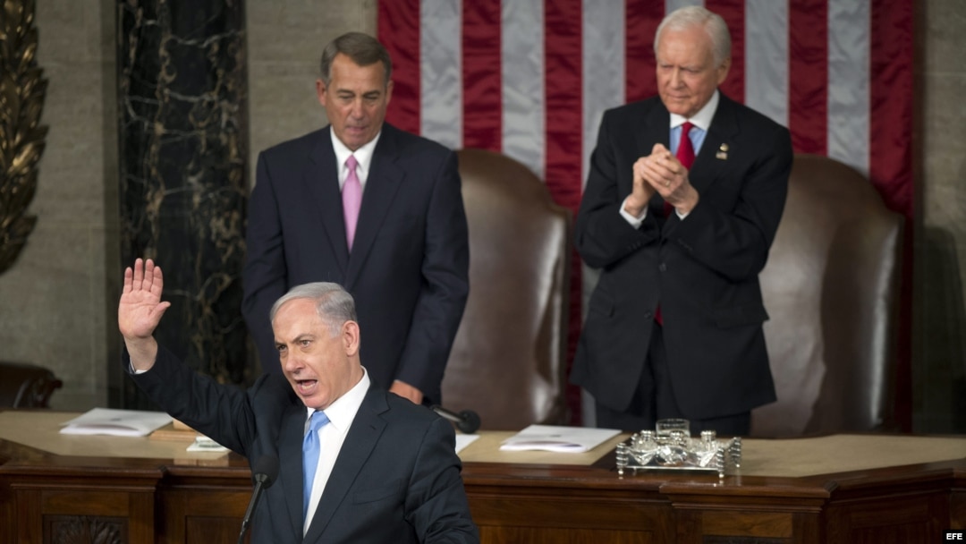 El primer ministro israelí, Benjamin Netanyahu, durante su discurso ante el Congreso en el Capitolio de Washington DC.