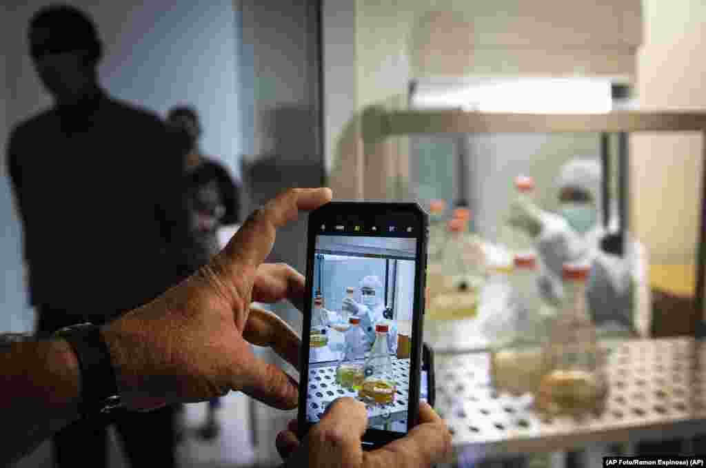 Un periodista toma una foto con un teléfono celular de un científico que trabaja en el desarrollo de Abdala, una vacuna experimental para el COVID-19 en el Centro de Ingeniería Genética y Biotecnología (CIGB) en La Habana, Cuba, el jueves 25 de febrero de 2021. (AP Foto/Ramón Espinosa)