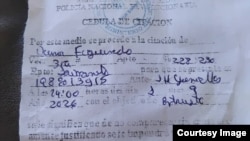Citación policial entregada a la periodista independiente Yunia Figueredo. Cortesía de Yunia Figueredo