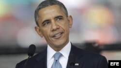 El presidente de Estados Unidos, Barack Obama, durante su discurso en homenaje a Nelson Mandela.