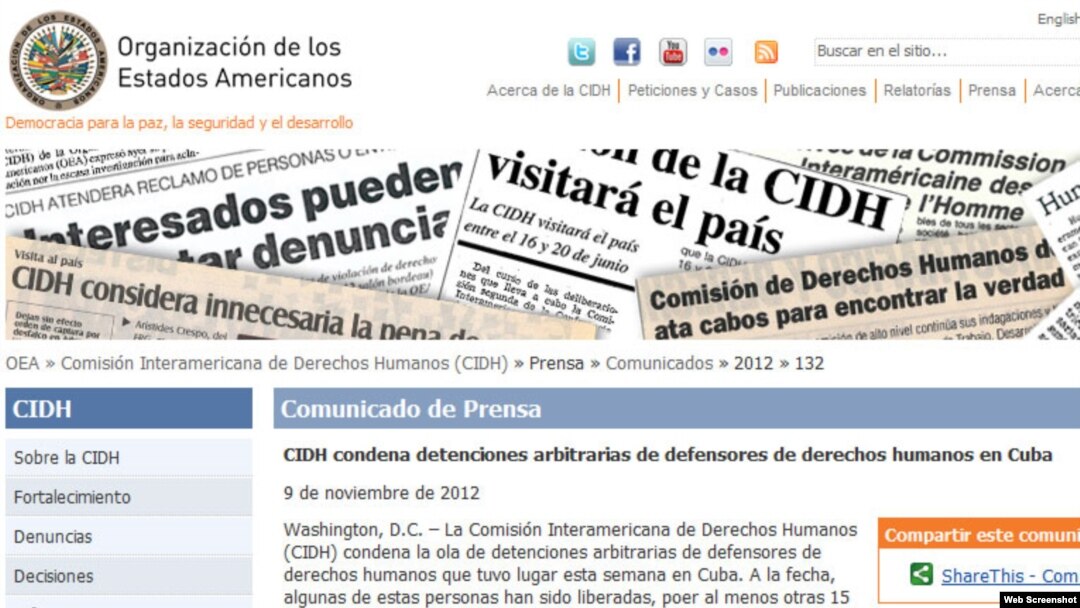 Denuncia sobre arrestos en Cuba en la página web de la CIDH.